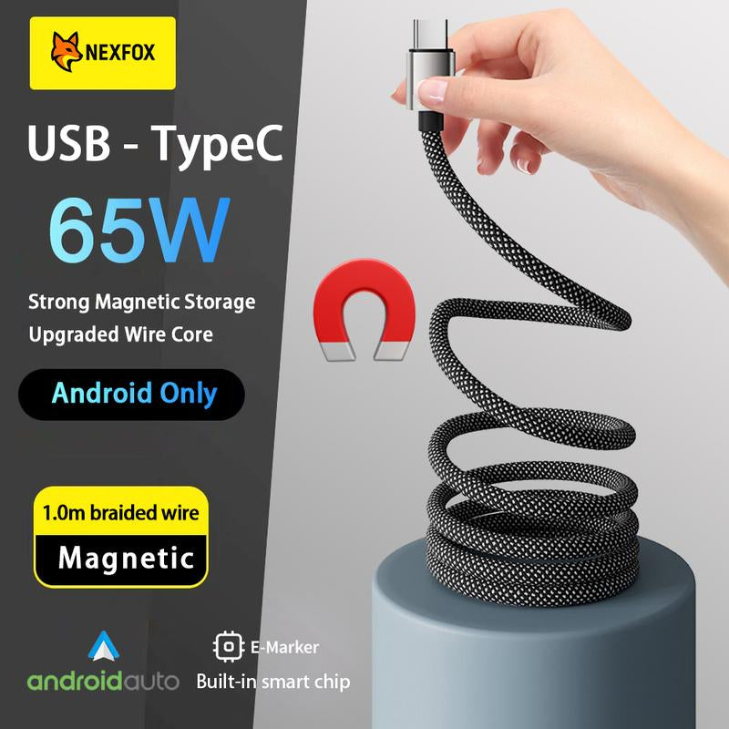 USB-C Android Magnetic Braided Data Android Only Cable - 65W Fast Charging & Data Sync for Phones, Tablets, Laptops (USB a & Type C) - Android Auto